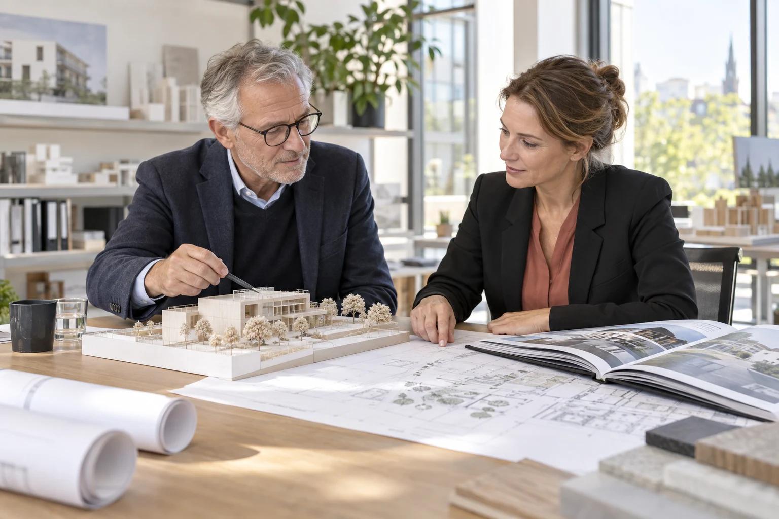 Inhaber und mögliche Nachfolgerin sprechen über Gebäudemodell und Projektunterlagen